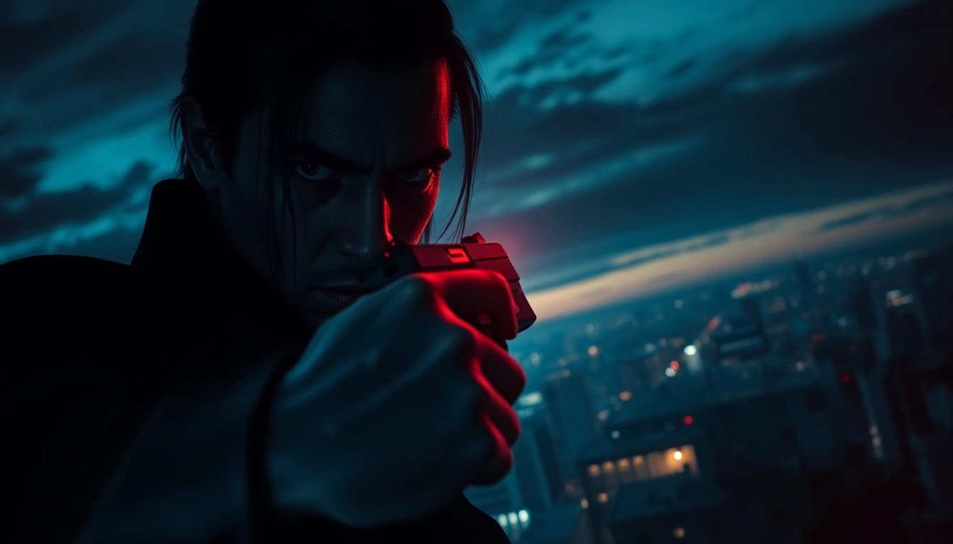 Intense assassin holding a gun under twilight, reflecting Contracts and Bullets' thriller theme.