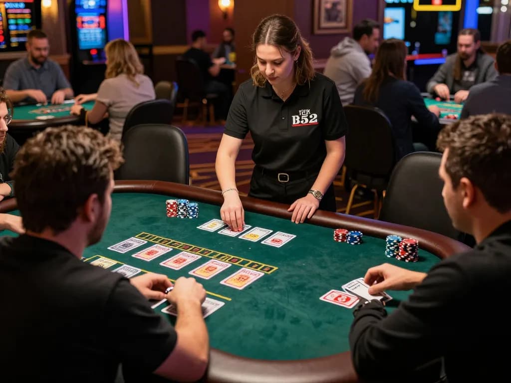 Engaged players at B52 casino's blackjack table, showcasing dynamic gameplay and strategy.