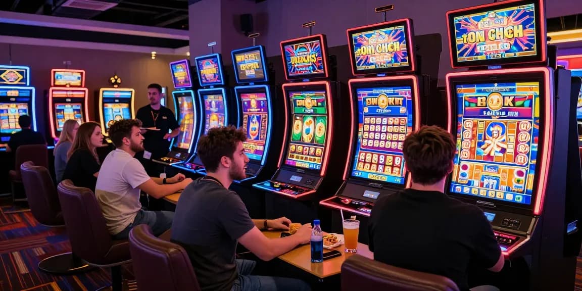 Players enjoying bonus buy slots at a lively casino with vibrant lights and modern decor.