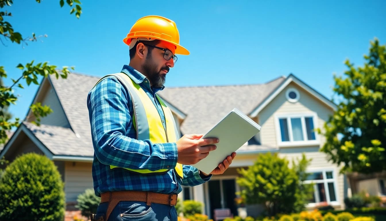 Showcasing reliable roofing services, a contractor inspects a newly installed roof under bright skies.
