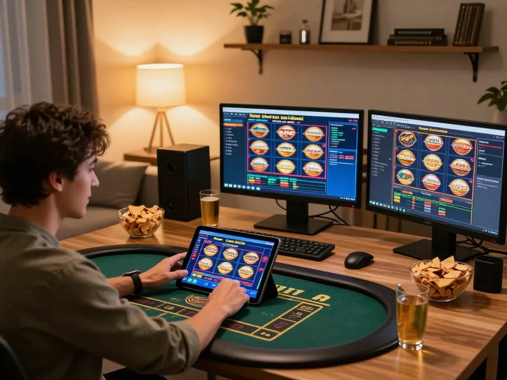 Engaging in strategic gameplay on slot server thailand with a tablet in a stylish home setup
