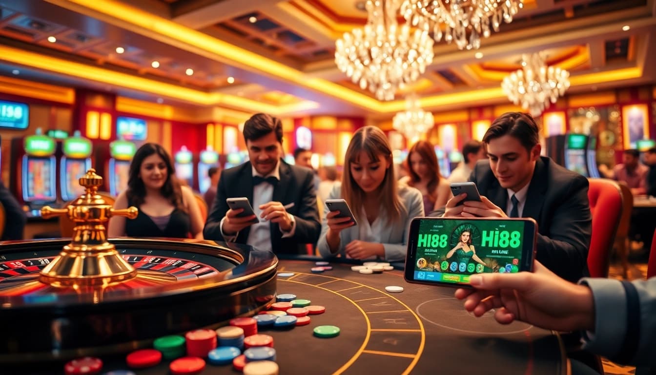 Engaged players enjoying a thrilling casino experience at Hi88 with vibrant gaming setups.
