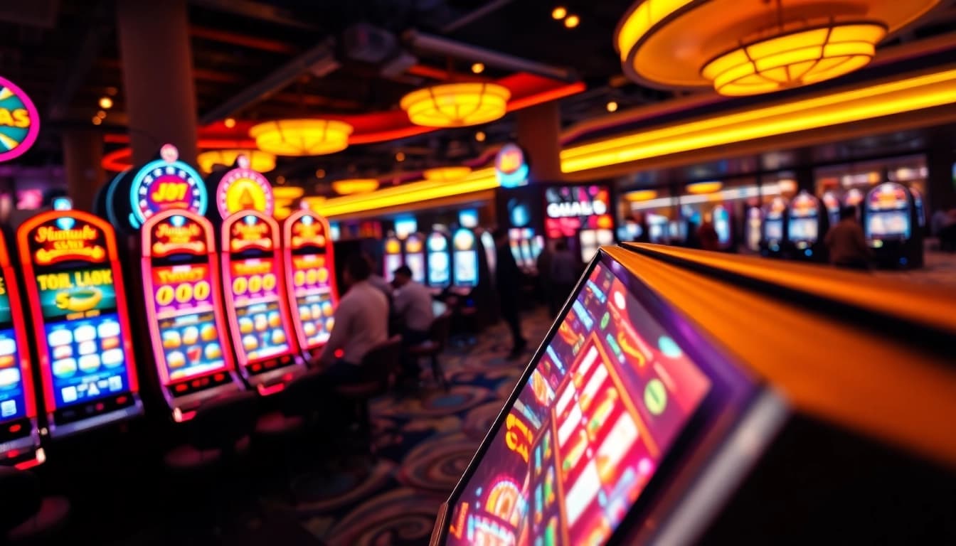Permainan menarik slot pulsa dengan mesin slot berwarna-warni di kasino yang ramai.