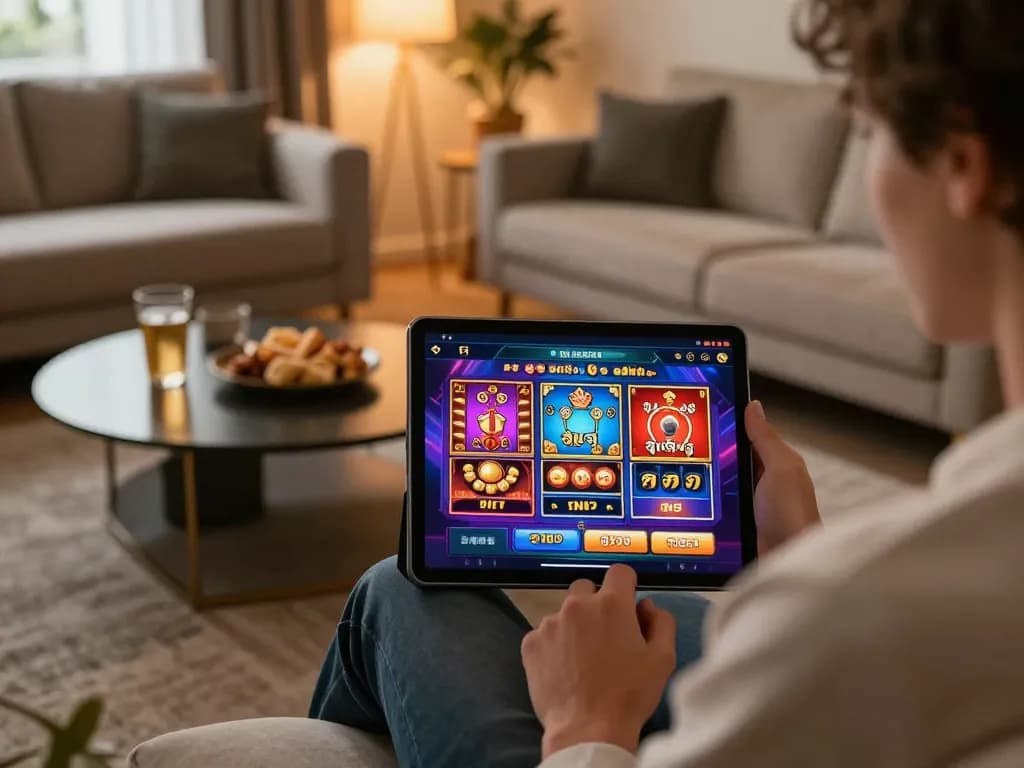 Player engaging in สล็อต on a tablet in a cozy living room atmosphere
