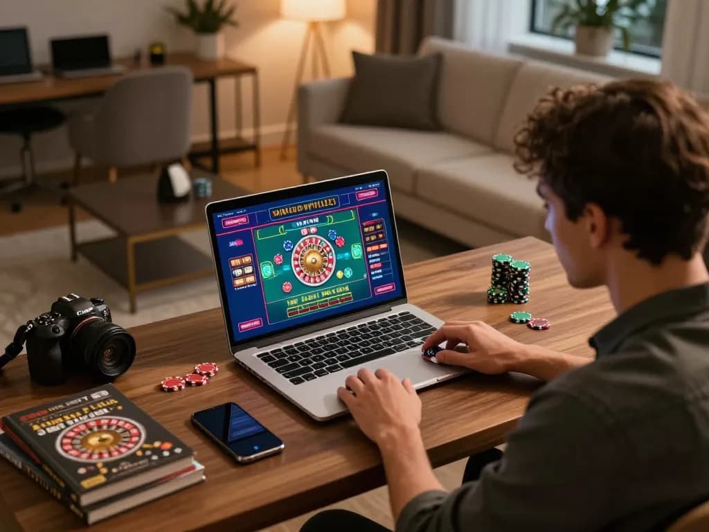 Player engaging in the paris888 online roulette game with strategy notes and smartphone in cozy home setting.