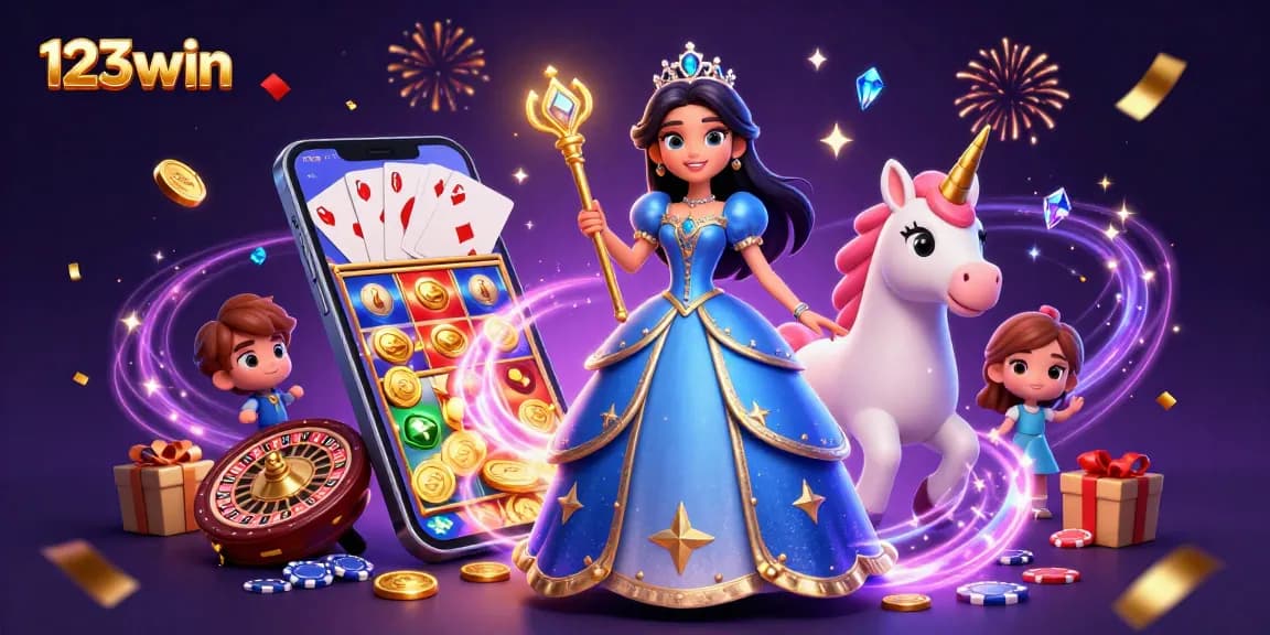 Experience the excitement of 123win with vibrant casino-themed illustration featuring games and magical characters.