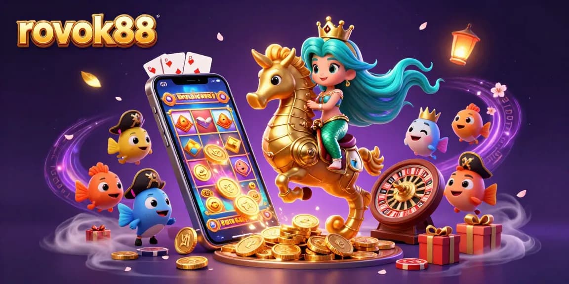 Experience rokok88's winning edge with vibrant gaming elements and enchanting characters in an immersive casino scene.