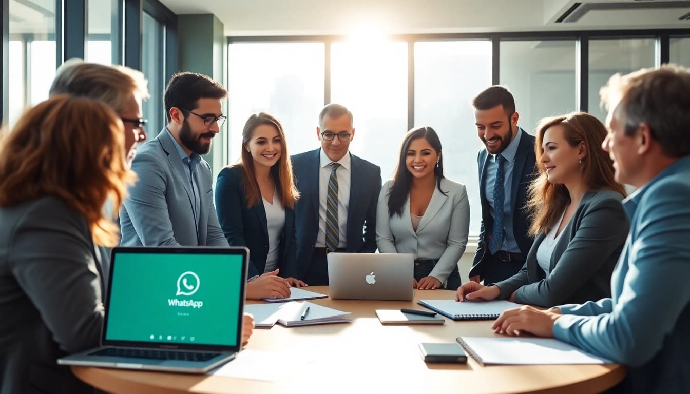 Utilizing WhatsApp Business CRM for business strategy in a modern office setting.