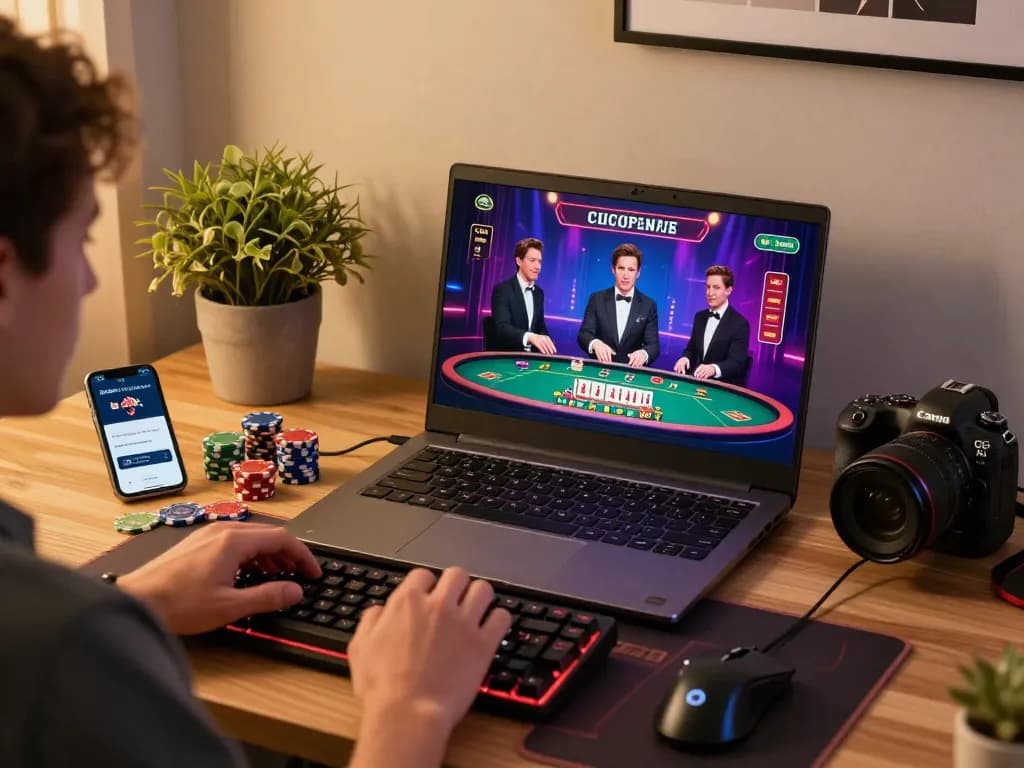 Engaging user playing 바카라사이트 on a sleek laptop with vibrant graphics, cozy gaming setup.