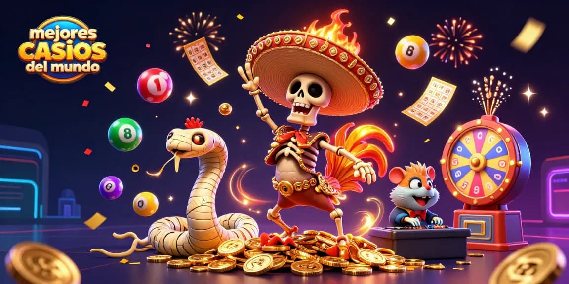 Ilustra los mejores casinos online del mundo con un mariachis, una serpiente y un DJ animados.