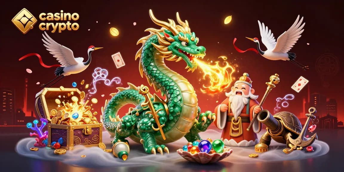 Giocatori che si divertono con le criptovalute nel casino con crypto circondati da draghi e simboli fortunati.