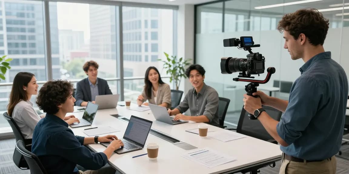 Corporate Videography Services in Singapore capturing a team meeting with modern equipment in a professional setting.