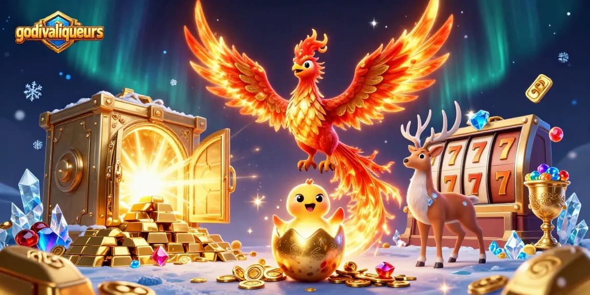 Experience godivaliqueurs in a vibrant 3D casino scene filled with slot reels and dazzling treasures.