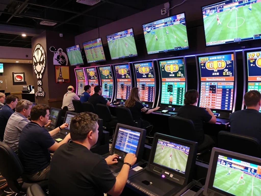 Lịch Thi Đấu highlights sports betting excitement, bettors analyzing mobile odds in a vibrant casino setting
