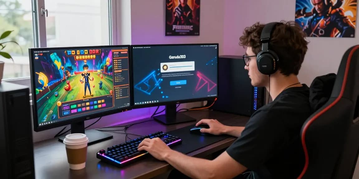 Gamer performing garuda303 login on dual monitors with vibrant slot games, showcasing the excitement of online gaming.