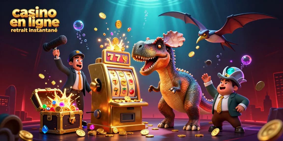 Illustration d'un casino en ligne retrait instantané avec un pachycephalosaurus et une machine à sous dorée