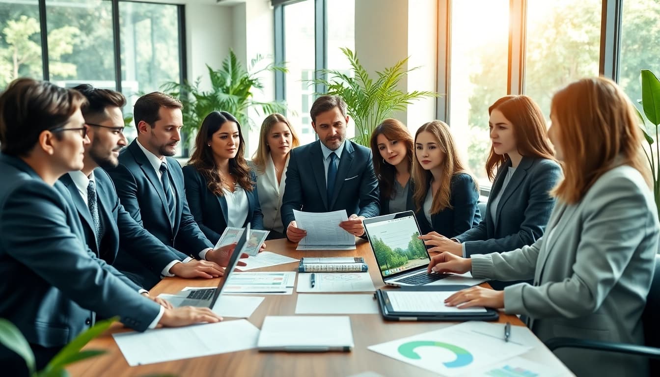 Engaged team of an environmental law firm collaborating on sustainability cases.
