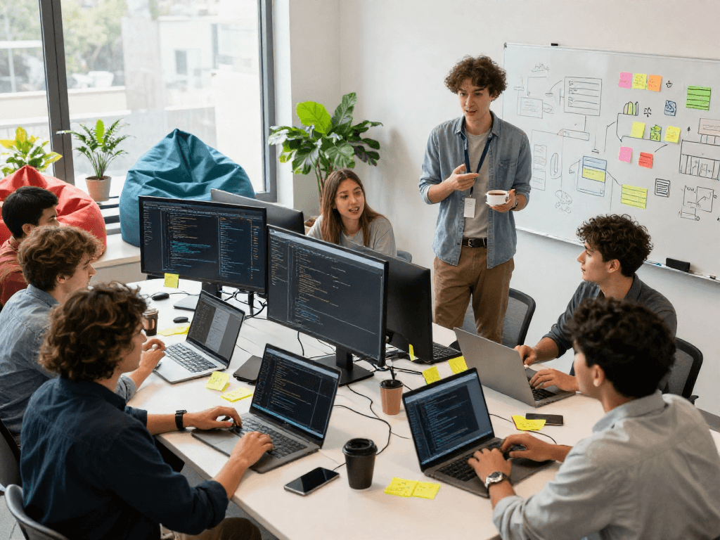 Team collaboration in a vibrant workspace focused on reseller hosting ilimitado solutions, showcasing tech innovation and teamwork.