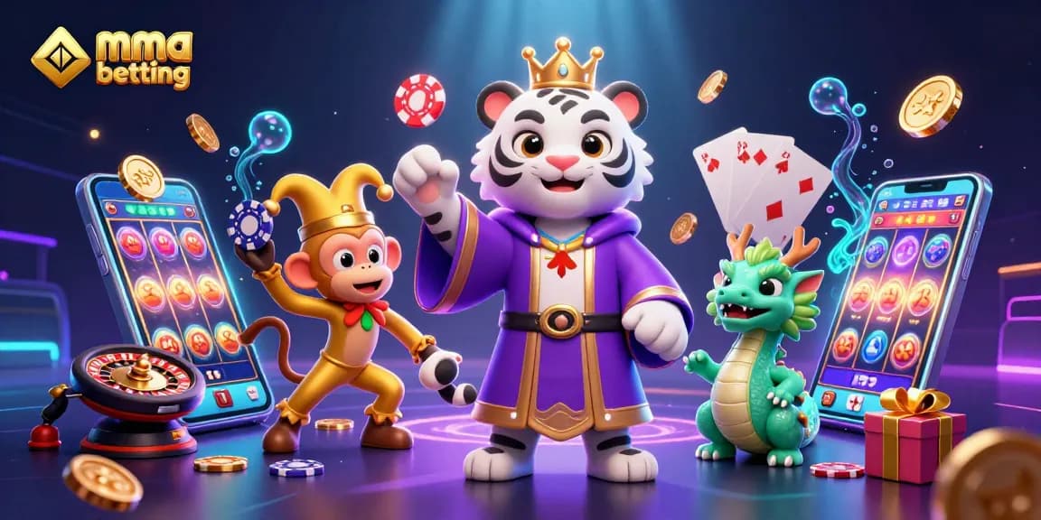 Engage in mma betting with the vibrant scene showcasing a tiger, monkey, and casino elements
