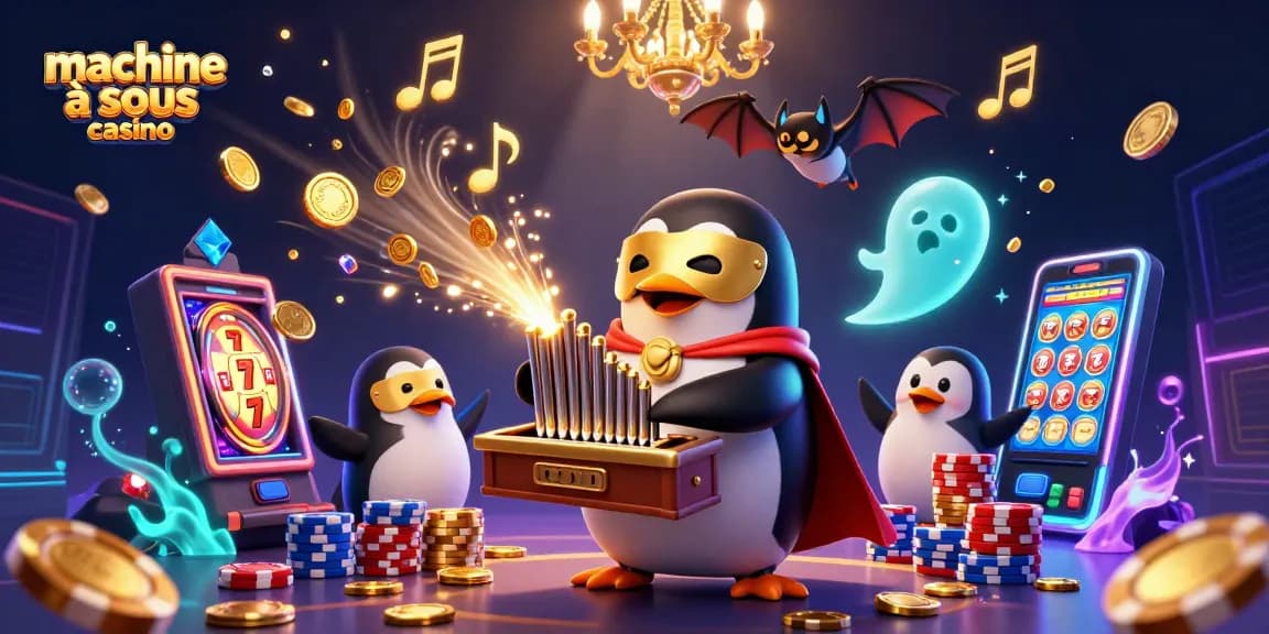 Jouez aux machines à sous casino avec un pingouin fantôme et une scène vibrante de jeux.