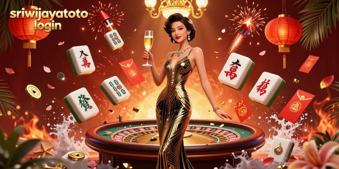 Engage in a thrilling gambling experience with sriwijayatoto login, highlighted by a glamorous Asian woman amidst golden decorations and casino elements.