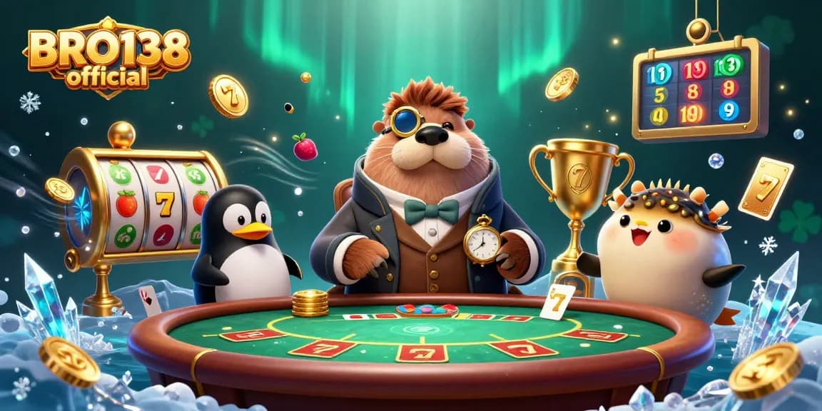 Experience the excitement at BRO138 official with a jolly walrus playing slots with friends in a vibrant casino scene.