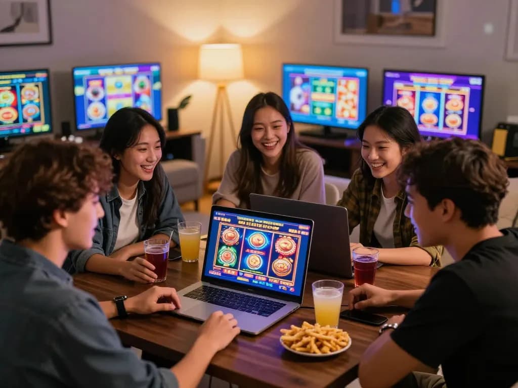 Kumpulan orang menikmati permainan slot gacor di laptop dalam suasana yang nyaman