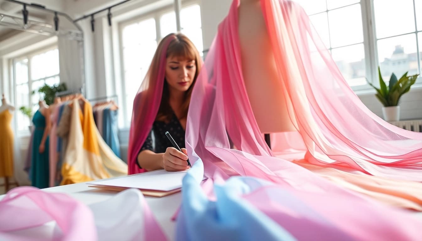 Chiffon stof in gebruik door een modeontwerper met kleurige stoffen en schetsen.