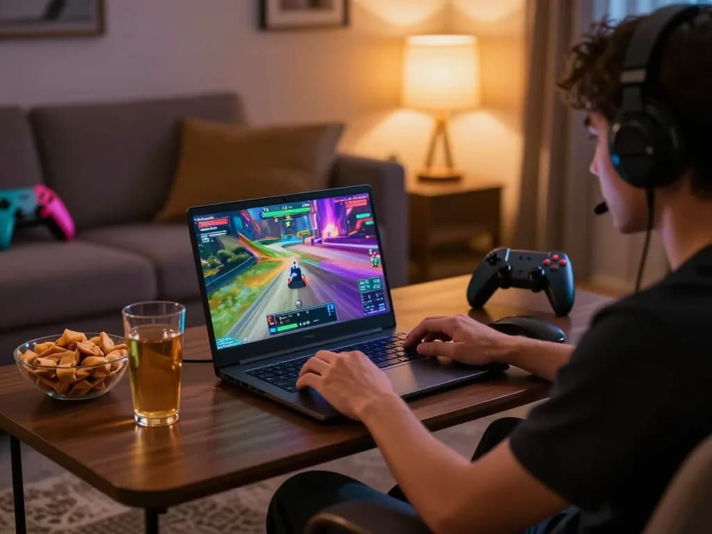 Player enjoying an engaging nsfw game on a laptop in a cozy home setting.