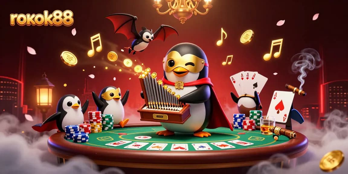 Experience rokok88's thrilling gameplay with a captivating illustration of high-stakes poker and vibrant casino elements.