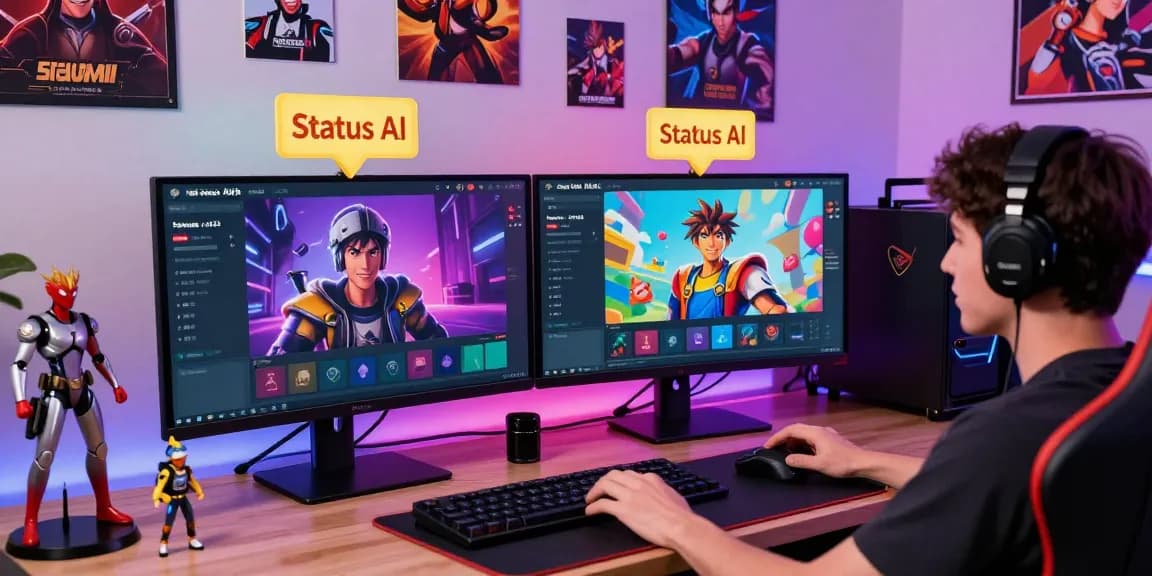 Player enjoying Status AI with dual monitors showcasing avatar customization and AI characters in an engaging gaming setup.