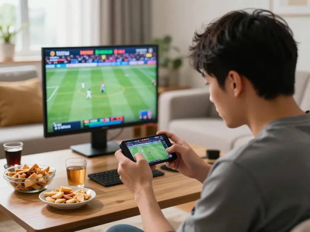 Engaged player using hb888 app for sports betting at home with snacks and drinks.