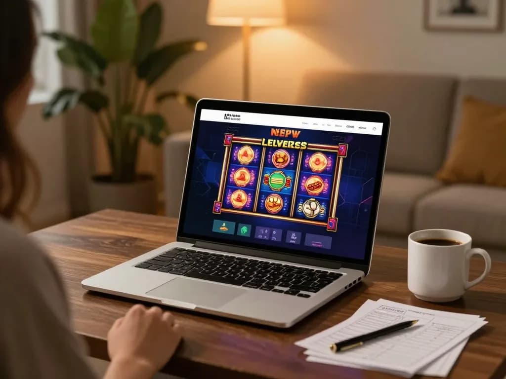 Engaging in slot bet kecil with a laptop in a cozy home setting.