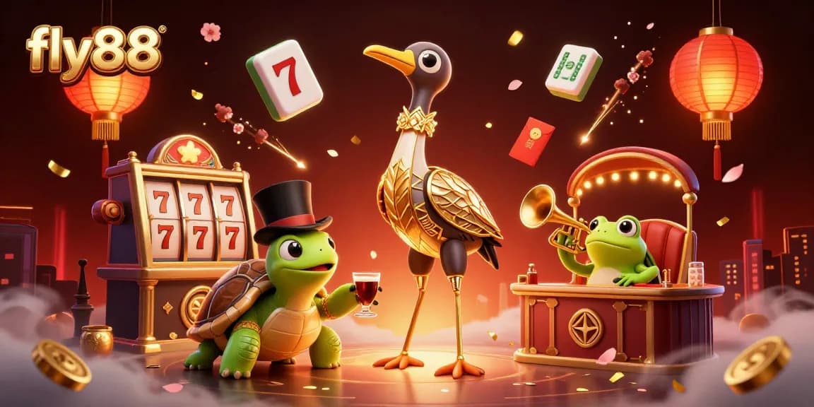 Enjoy thrilling slot action with fly88's vibrant characters and festive casino elements in a lively illustration.