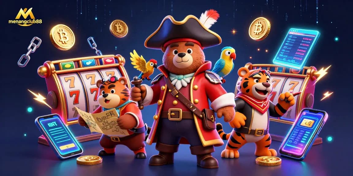 Join the action at menangclub88 with a vibrant 3D casino scene featuring a bear pirate and treasure map.