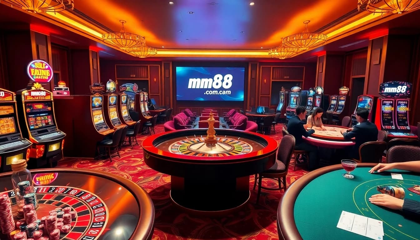 Engaged players enjoying a lively casino atmosphere at mm88 com with roulette and slot machines.