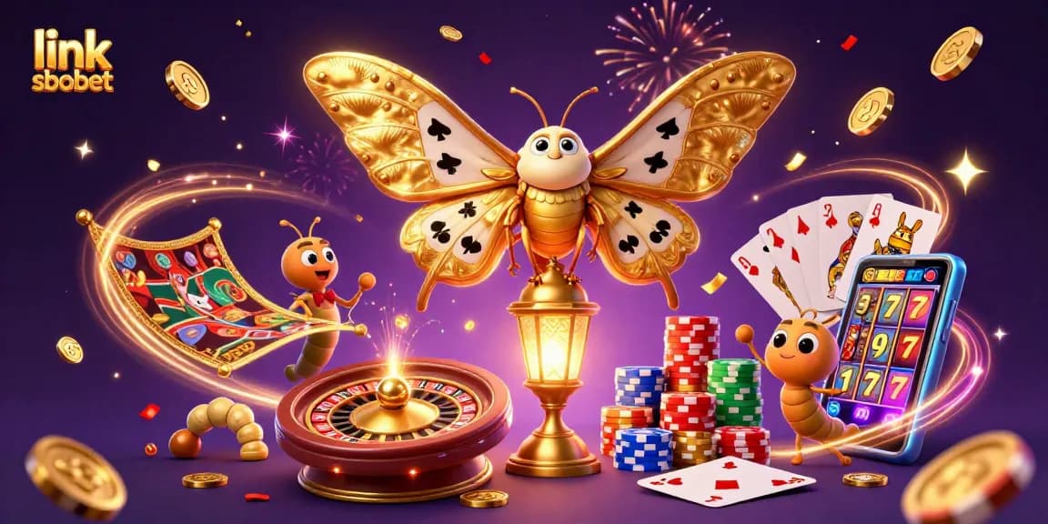 Experience thrilling gameplay with link sbobet in a vibrant casino scene featuring golden moths and dynamic elements.