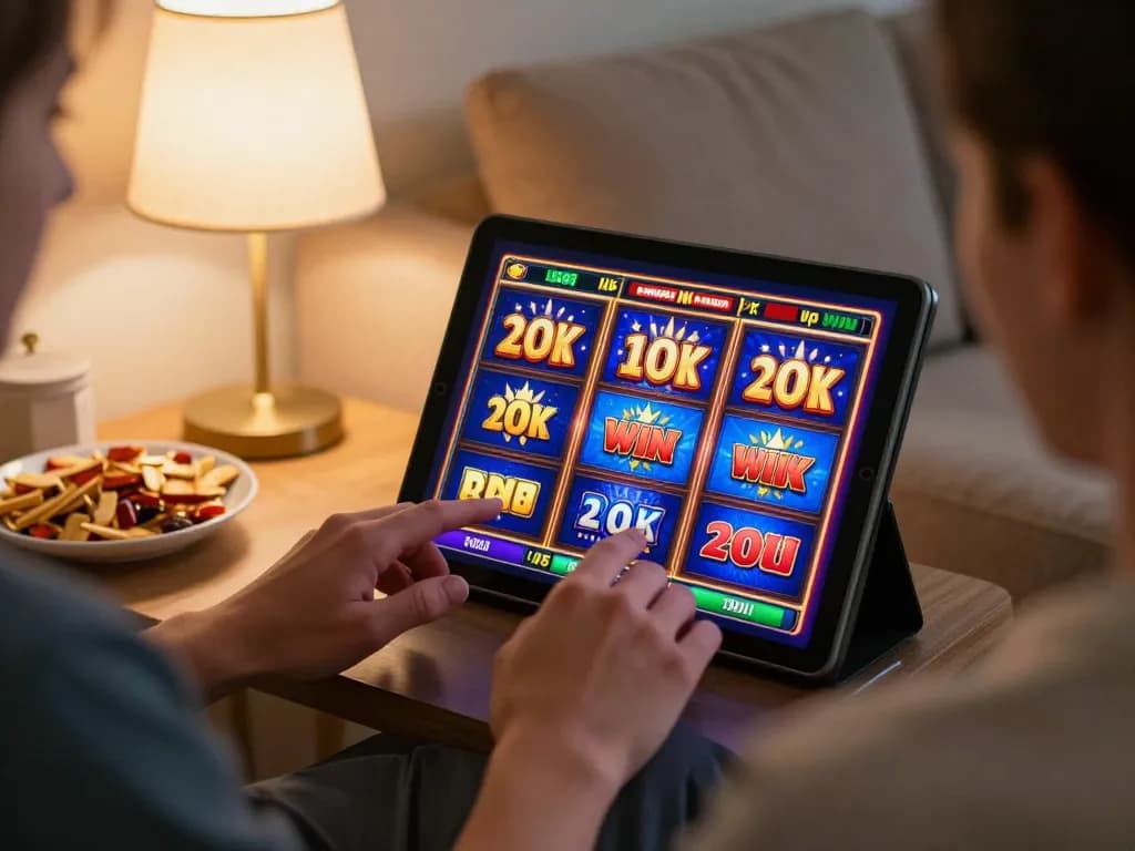 Excited player engaging with colorful w 88 slot games on tablet at home.