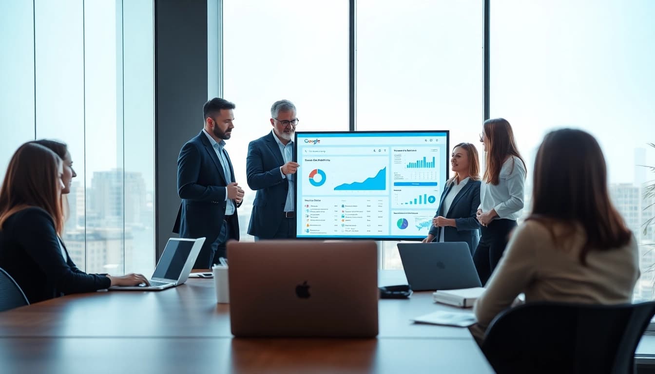 Designing effective google ads edmonton campaign with professionals in a bright office.
