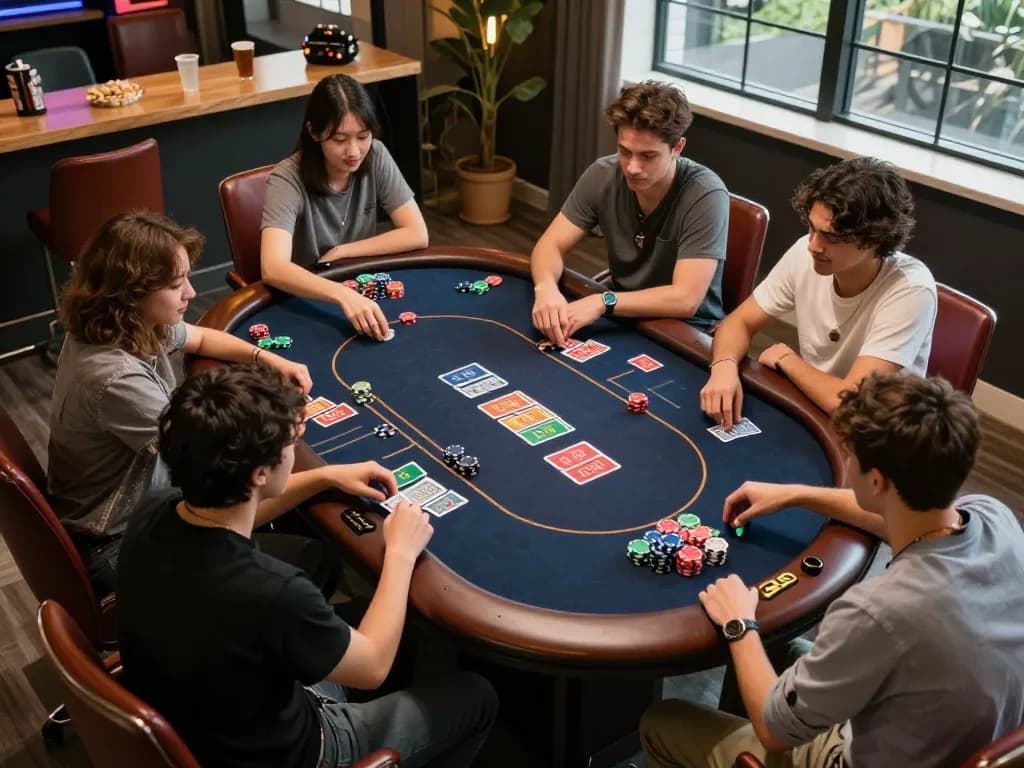 Friends playing judi slot around a vibrant poker table, chips and cards creating a lively atmosphere.