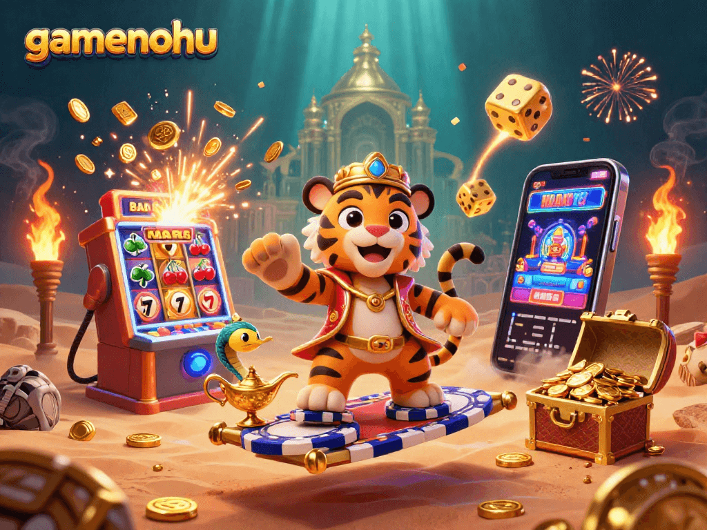 Experience excitement with gamenohu, featuring vibrant 3D casino-themed illustration of jackpot and game elements.