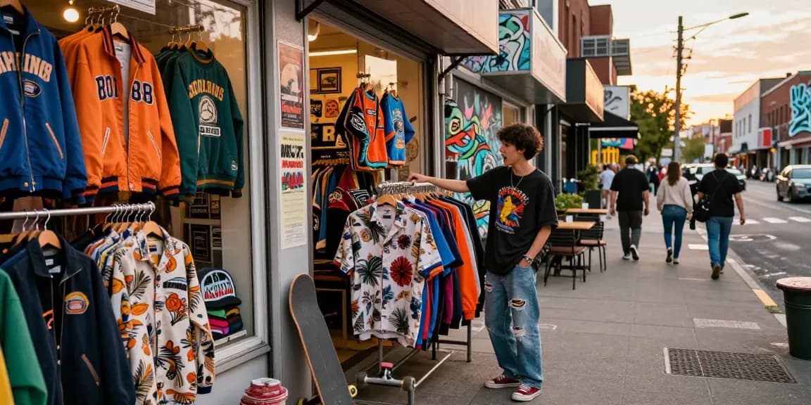 Explore vintage fashion at a trendy street shop showcasing rokok88 styles amidst a vibrant urban backdrop.