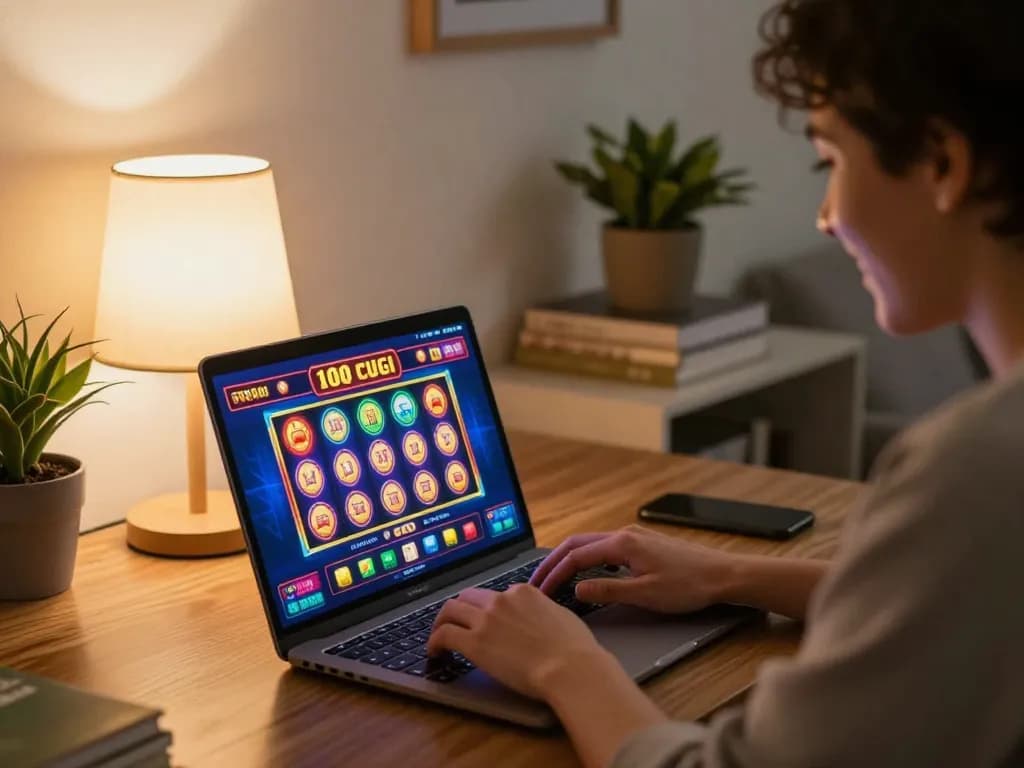 Pemain menikmati kasino 100 cuci dengan permainan slot yang berwarna-warni di laptop di tengah suasana rumah yang selesa.