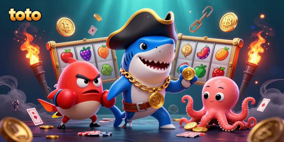 Spin and win with toto, featuring a pirate shark, pufferfish, and octopus amidst vibrant slot reels.