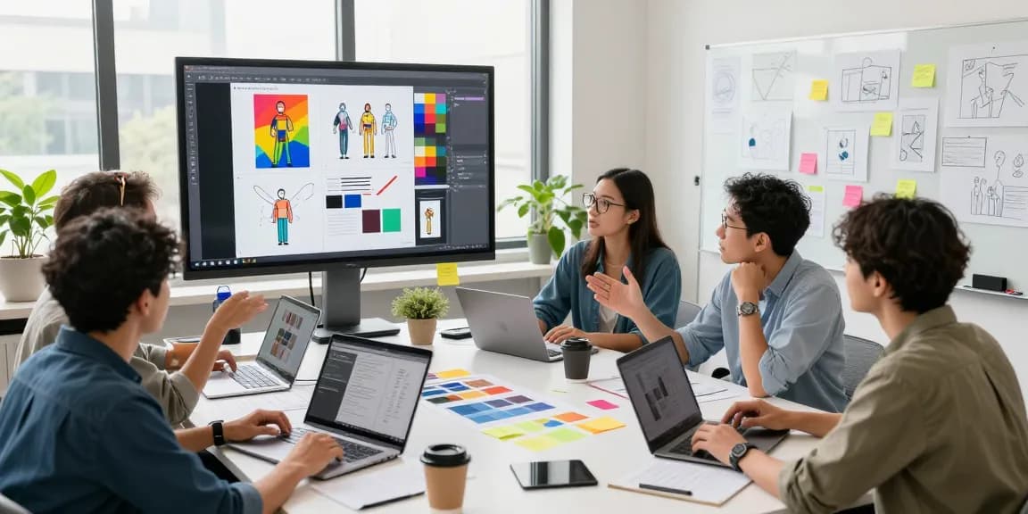 Team collaborating on a mixboard in a modern office setting, showcasing vibrant concept designs.