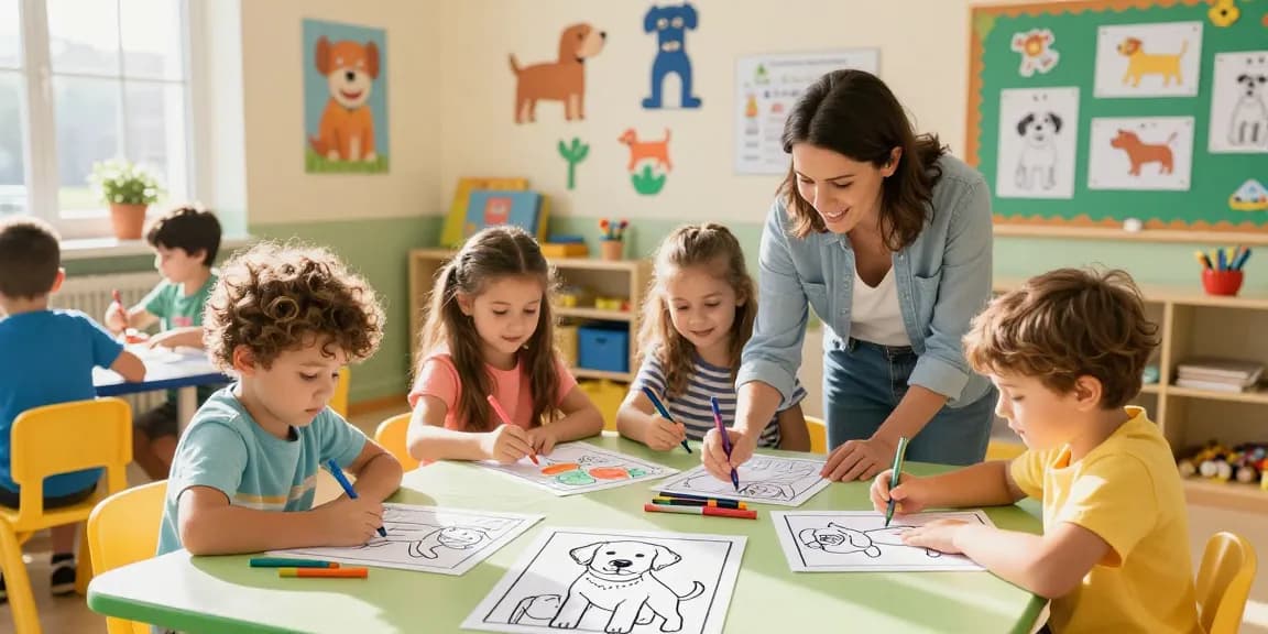Easy coloring for preschoolers with kids engaging in Labrador Retriever art activities.