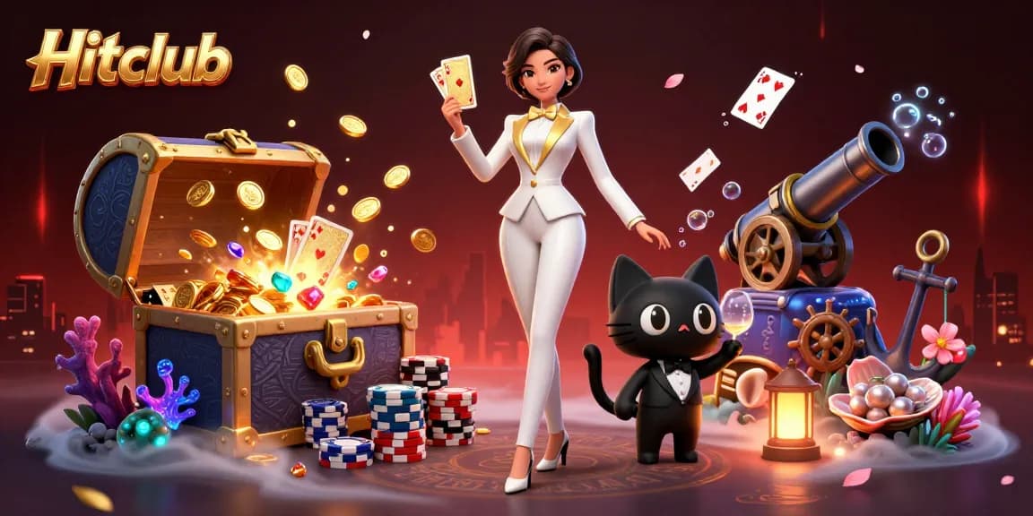 Experience the thrill with Hitclub where a glamorous dealer and a tuxedo cat shuffle cards amidst a casino extravaganza.