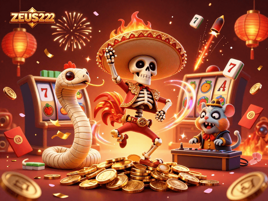 Join the excitement at ZEUS222 with a vibrant 3D casino scene showcasing slot reels, golden coins, and festive elements.