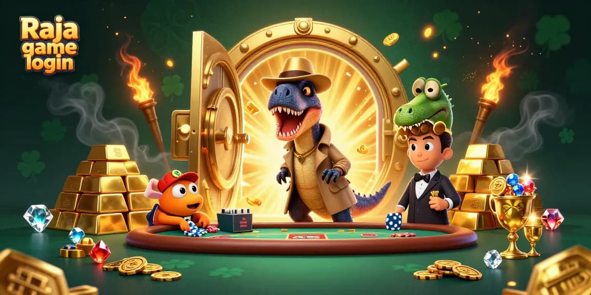 Engage with Raja game login experience featuring playful dinosaur characters at a casino.