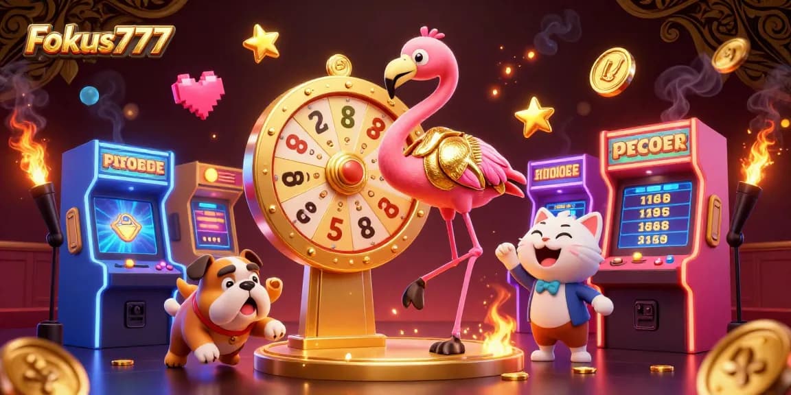 Engage with Fokus777's vibrant gaming scene featuring dynamic characters spinning a prize wheel and revealing arcade treasures.
